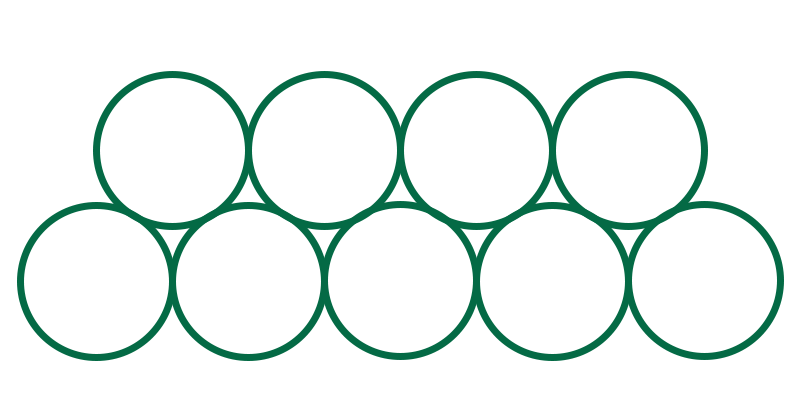 Nio enkla cirkelformationer som visar hur nålarna hos en Stacked Magnum M2 ligger i förhållande till varandra.