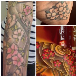 Fotokollage av tre foton med motiv föreställande körsbärsblommor.