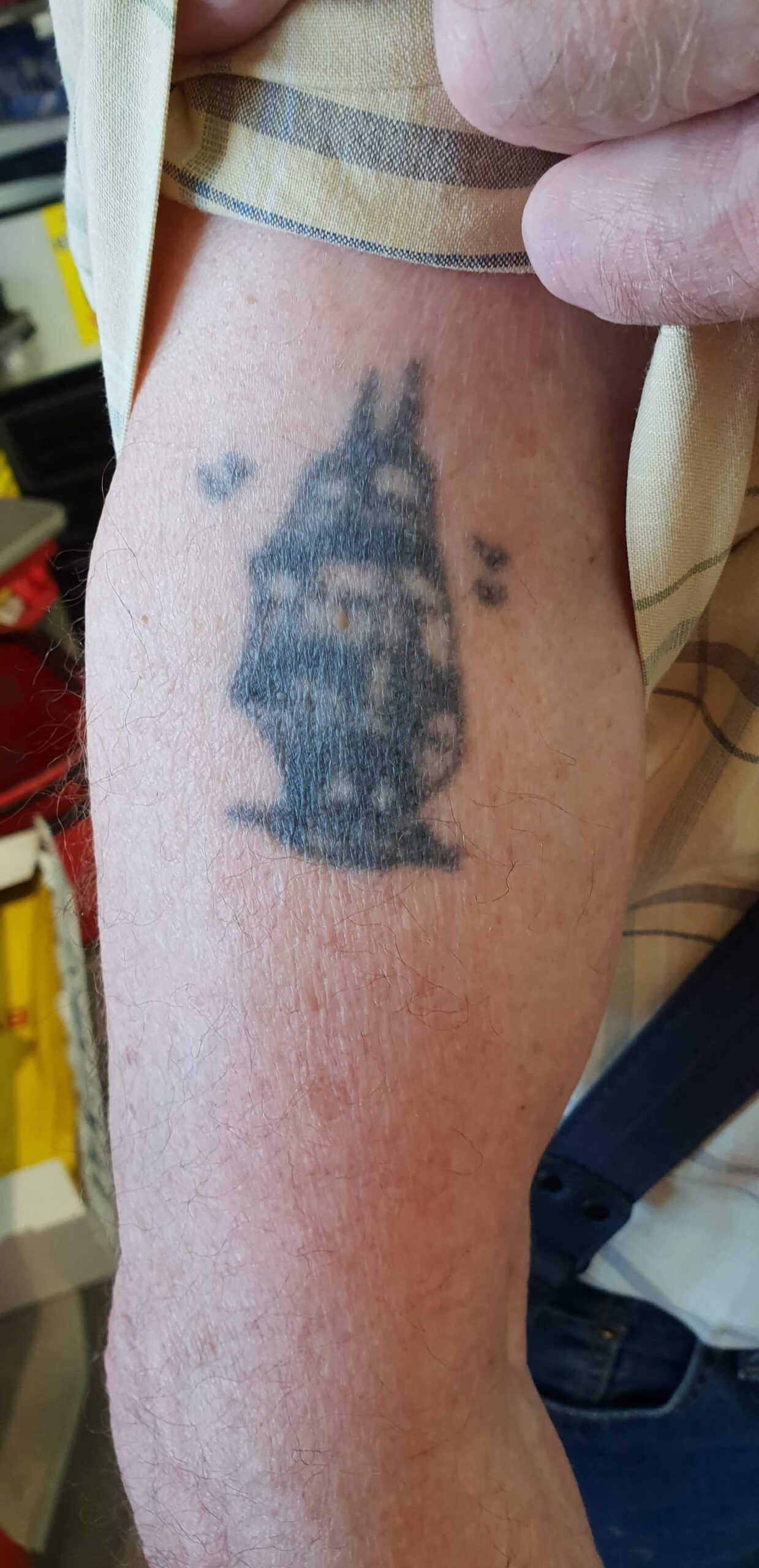 Överarmestatuering med segelfartyg och fågelsiluetter.