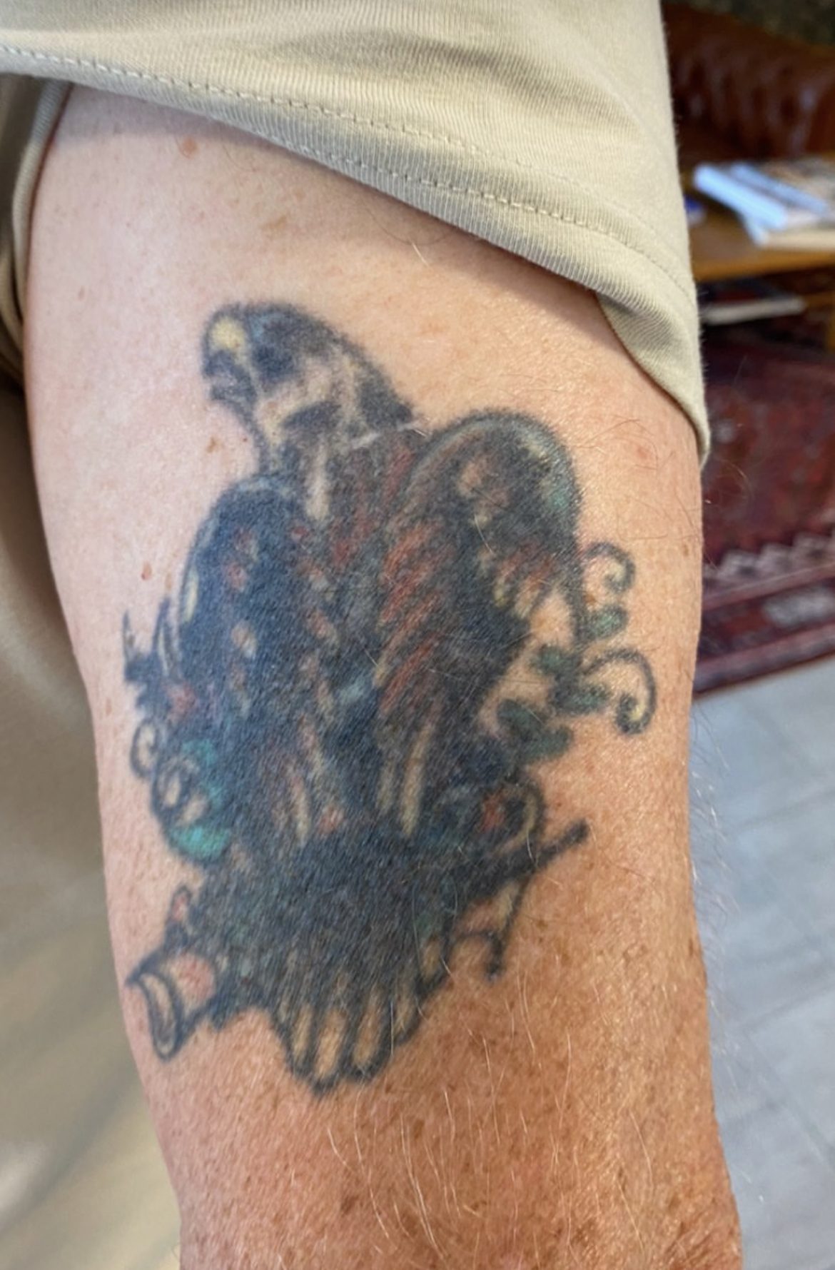 Foto av äldre, något suddig tatuering föreställande en örn sittande på gren. Örnen har brun fjäderdräkt, vitt huvud samt gröna och gula detaljer. Skuggorna är tungt svarta.