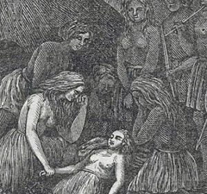 Svartvit 1800-talsteckning av Mary Anns död. Den lilla flickan ligger död i centrum medan Olive och flera mojaver samlats runtomkring henne. Alla på bilden är barbröstade och bär endast höftskynken. Olive knäböjer och håller Mary Anns hand hand. 