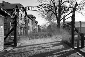 Kosntruerat foto med svartvit bild av porten med den ökända skylten Arbeit Macht Frei (Arbete ger frihet) över grindöppningen, med halvgenomskynlig bild av tatuerad arm med numret 155035 i förgrunden mellan grindarna.
